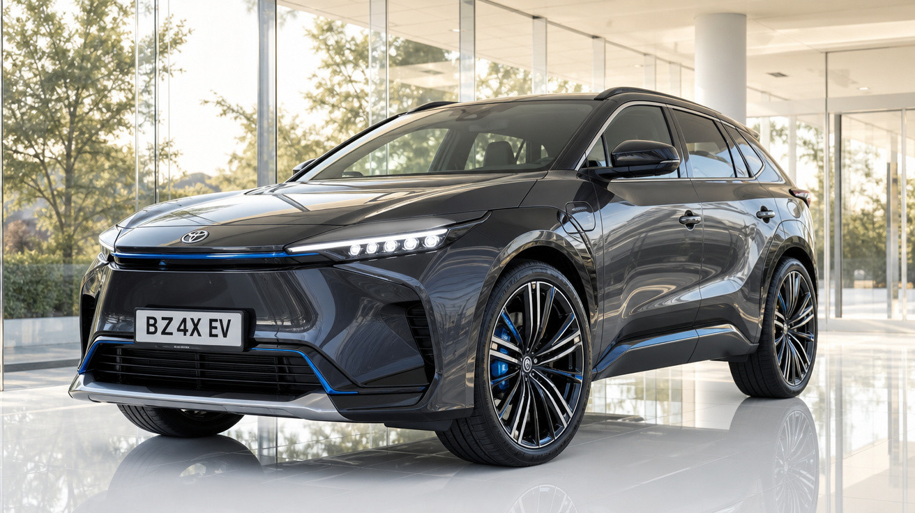 Carro elétrico Toyota BZ4X EV preto estacionado em ambiente moderno e iluminado.