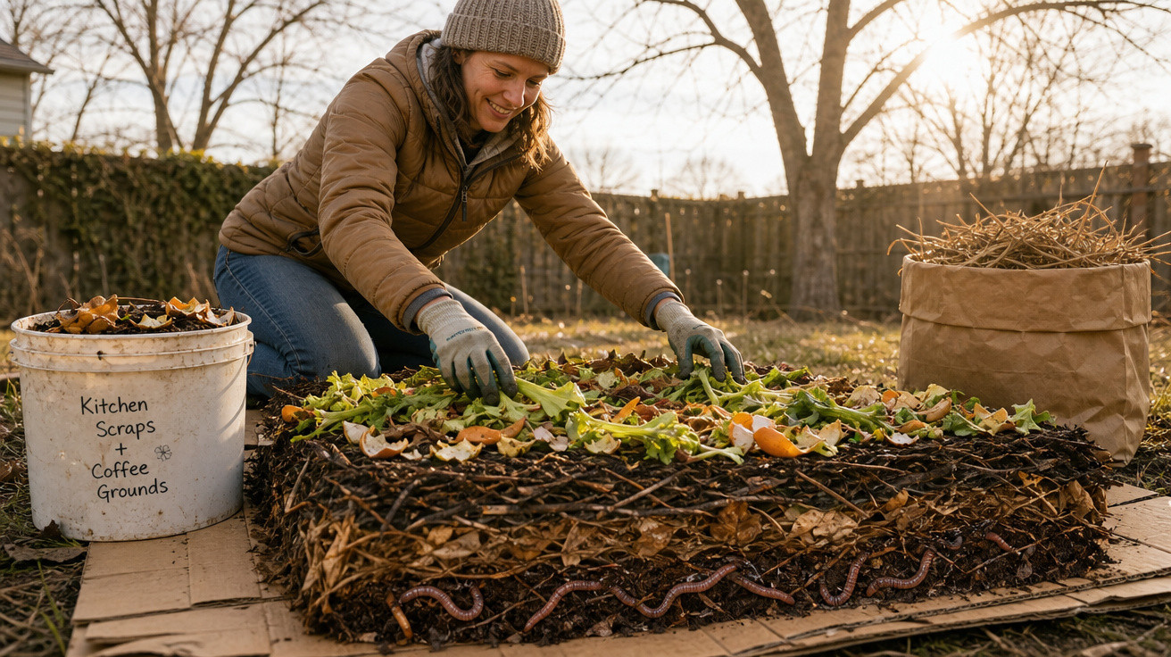 Mulher cuidando de minhocas em cama de compostagem orgânica no jardim durante o dia.
