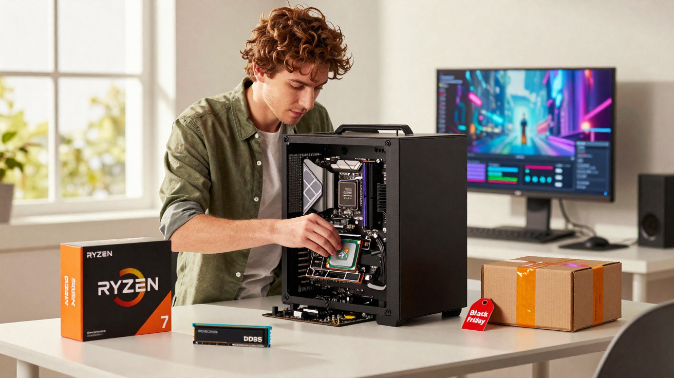 Jovem montando computador com processador Ryzen 7 em mesa com componentes e caixa de Black Friday.
