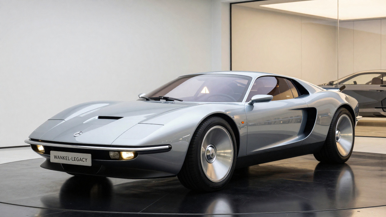 Carro esportivo Mercedes-Benz Wankel Legacy prateado em exposição com design retro futurista.