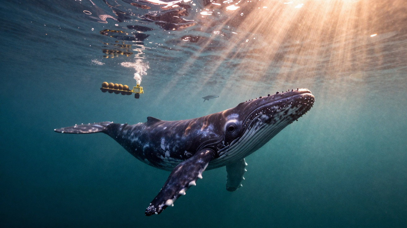 Baleia nadando próxima à superfície do mar iluminada por raios de sol com equipamento subaquático ao fundo.