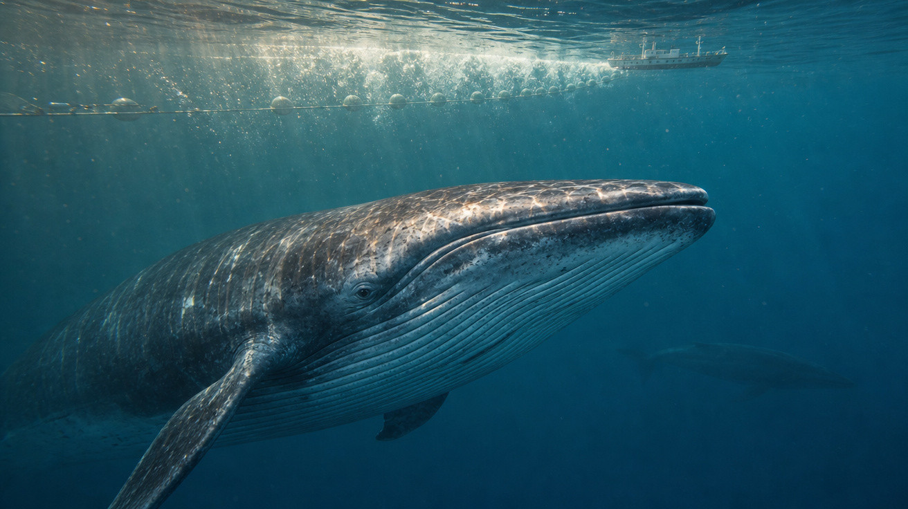 Baleia azul nadando próxima à superfície com navio no horizonte em águas profundas.