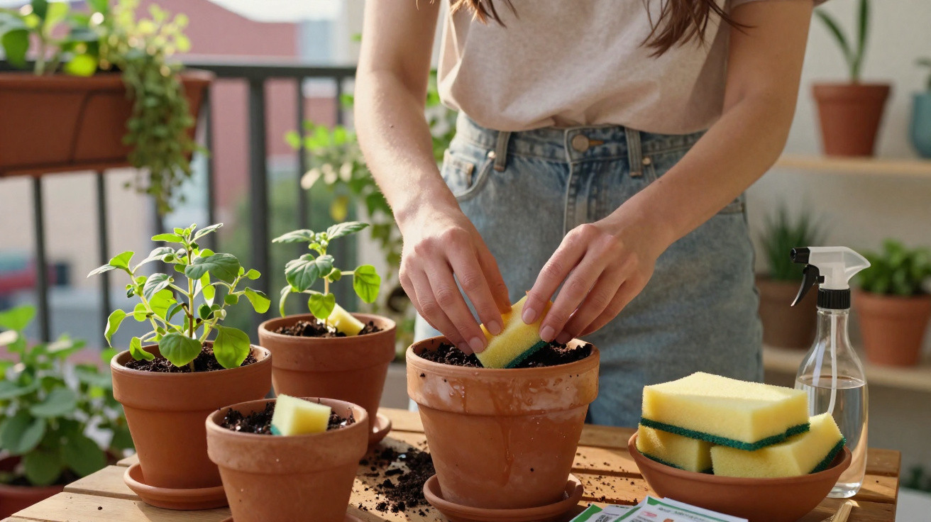 Pessoa limpando vasos de plantas com esponja em varanda ensolarada com várias plantas e regador.