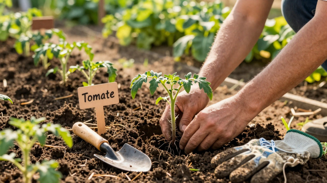 Mãos plantando muda de tomate em solo fértil, com pá de jardim e luvas ao lado.
