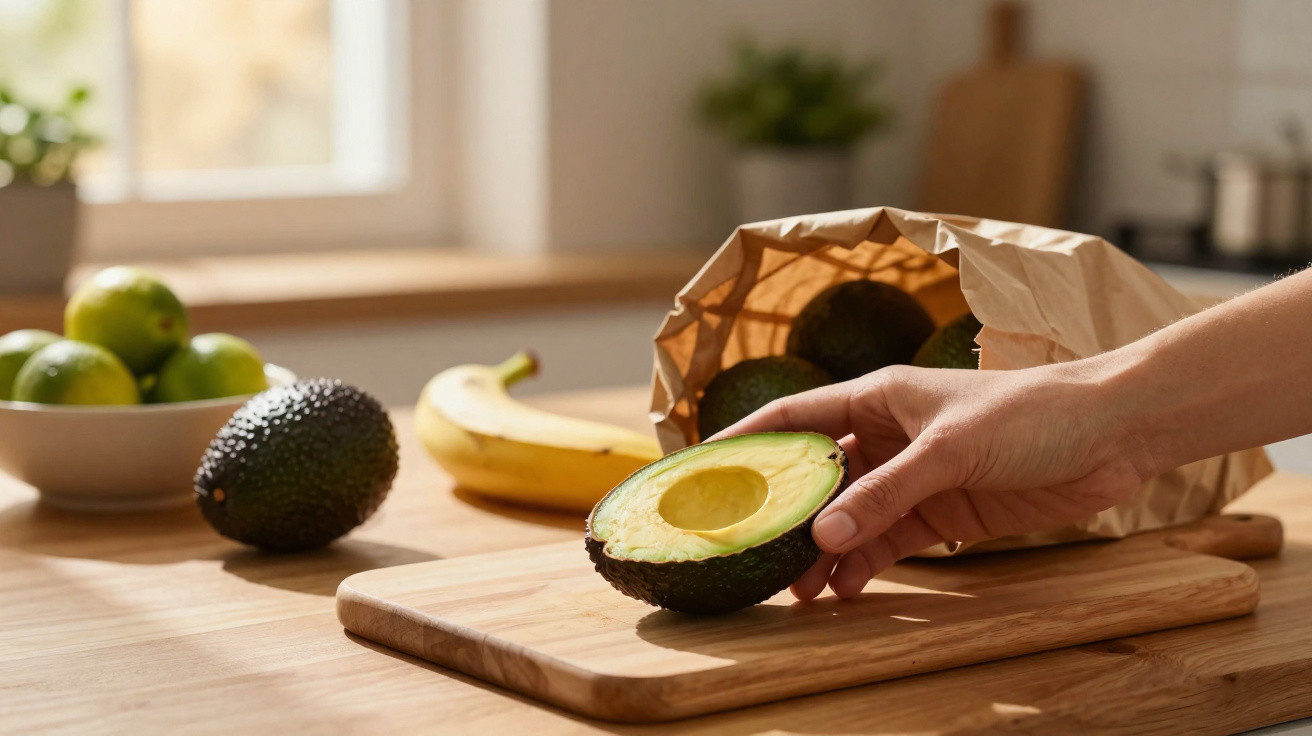 Mão segurando metade de abacate sobre tábua em cozinha com frutas e saco de papel ao fundo.