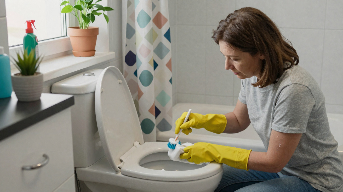 Mulher usando luvas amarelas limpando vaso sanitário com escova em banheiro claro.