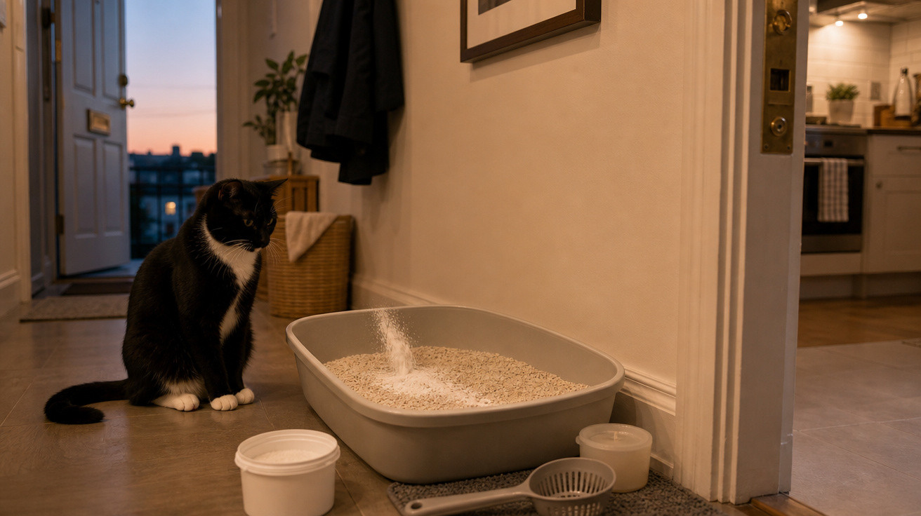 Gato preto e branco sentado no chão perto de uma caixa de areia sendo preenchida dentro de casa ao entardecer.