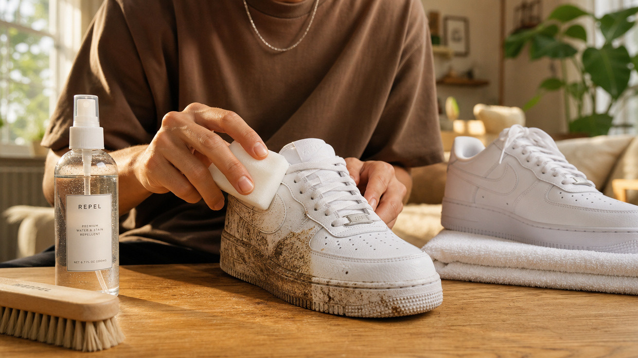 Pessoa limpando tênis branco sujo com esponja em mesa de madeira, produto de limpeza e escova ao lado.