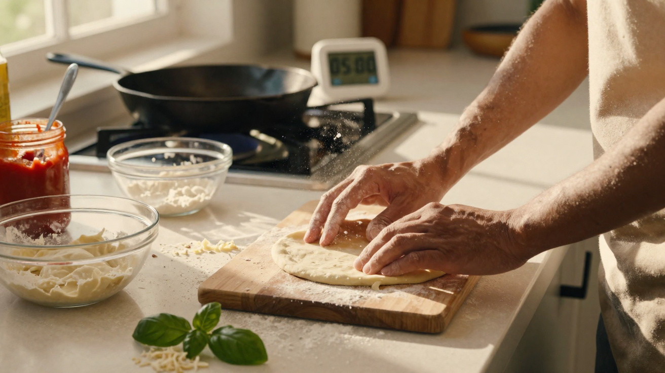 Pessoa abrindo massa para pizza em tábua de madeira com ingredientes ao redor na cozinha.