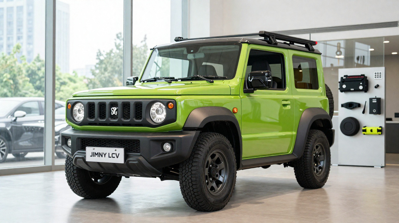 Carro SUV compacto verde perolizado Suzuki Jimny LCV exposto em showroom com teto preto e pneus robustos.