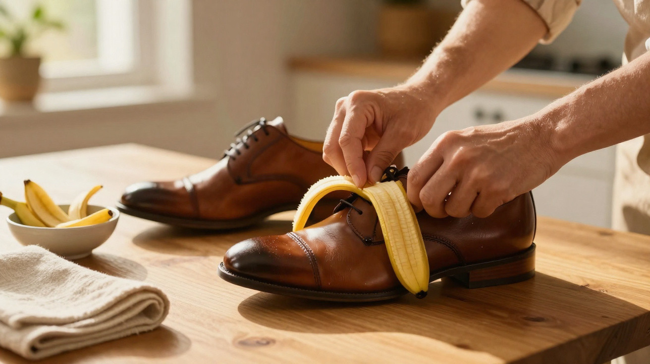 Pessoa colocando uma banana descascada dentro de um sapato social marrom sobre uma mesa de madeira.