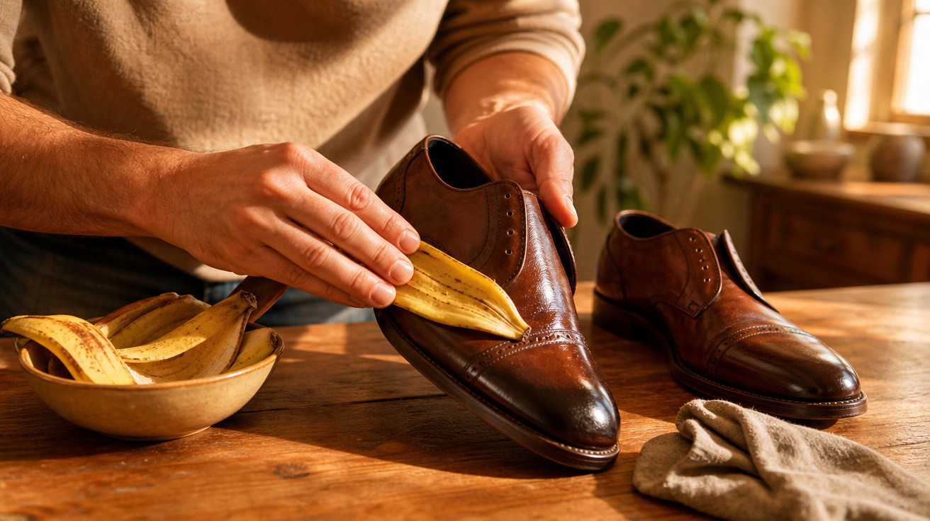 Pessoa limpando sapato de couro marrom com casca de banana em mesa de madeira.