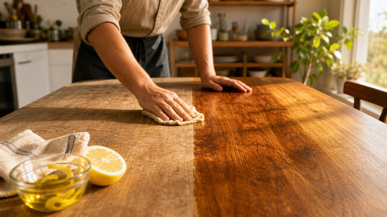 Pessoa limpando e restaurando mesa de madeira com pano úmido, limão e óleo em cozinha iluminada.