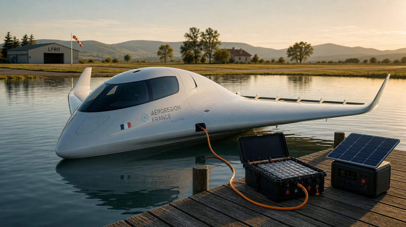 Aeronave elétrica branca flutuando em lago, conectada a dispositivo solar em um cais de madeira ao pôr do sol.