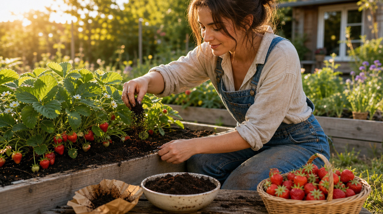 Mulher jardineira colhendo morangos em canteiro ao ar livre ao pôr do sol, com cesta cheia de frutas.