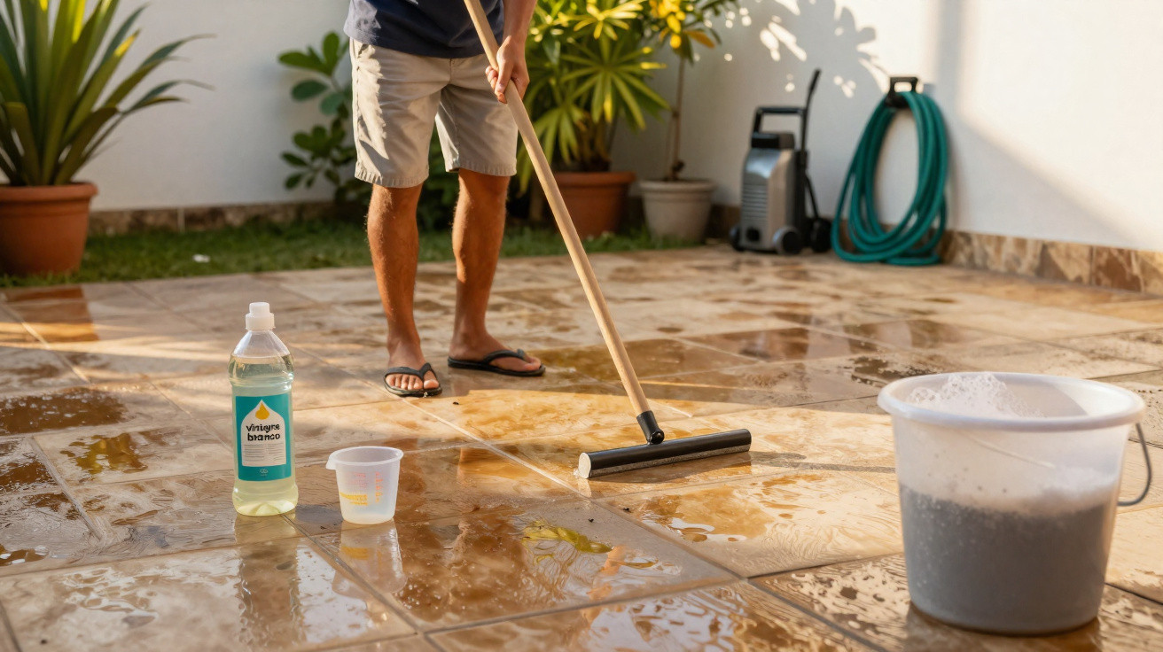 Pessoa limpando piso de cerâmica molhado em área externa com rodo, balde e vinagre branco nas proximidades.