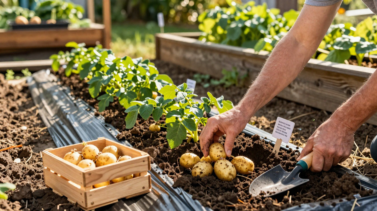 Pessoa colhendo batatas em uma horta com canteiros e caixa de madeira cheia de batatas.