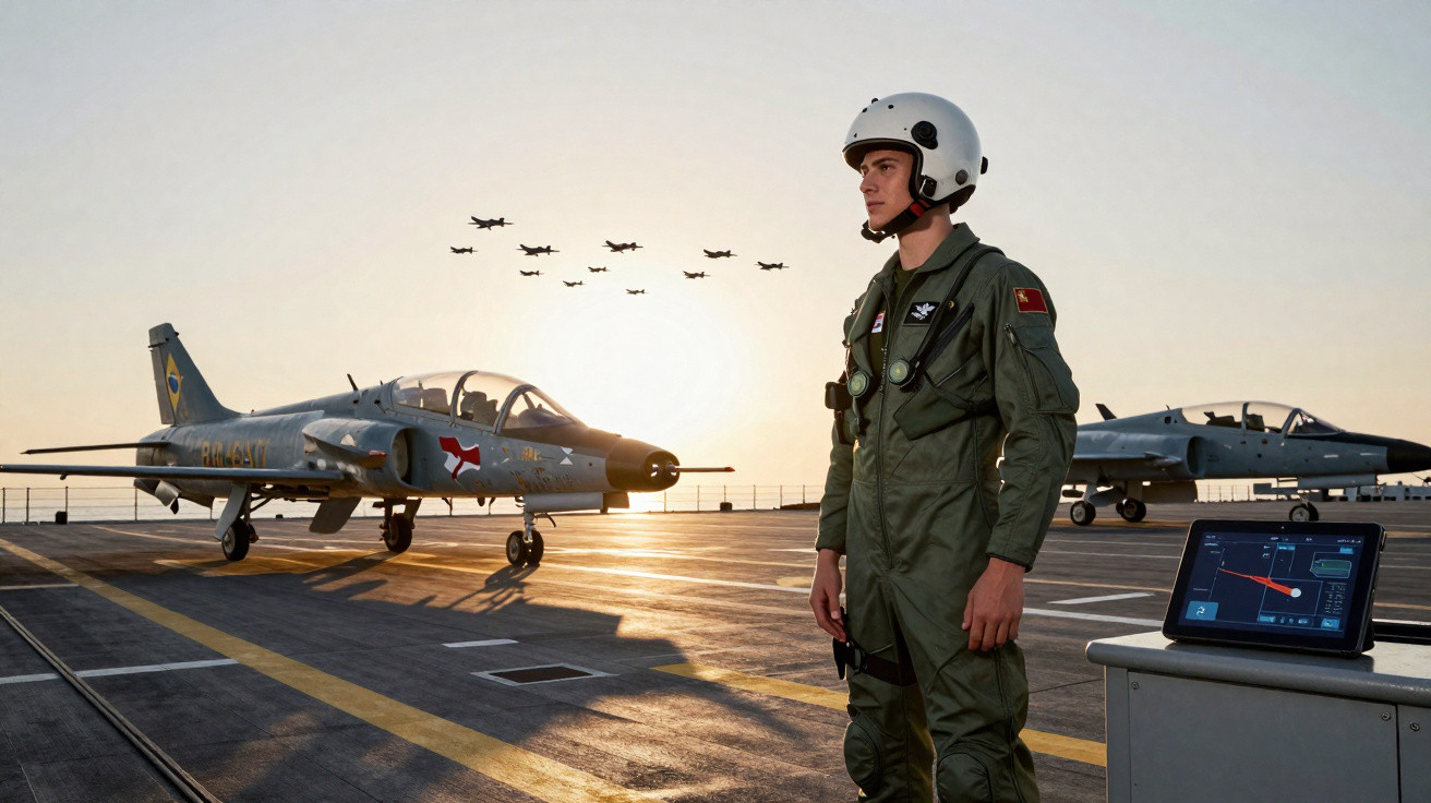 Piloto militar em uniforme ao lado de jatos na pista, com formação de aviões no céu ao pôr do sol.