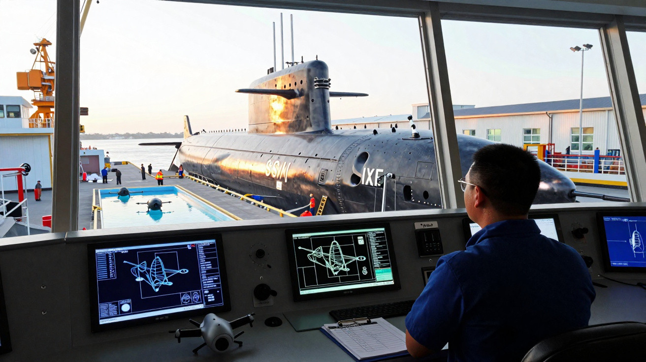 Homem observando um submarino preto ancorado, visto de dentro de uma sala com monitores e controles.