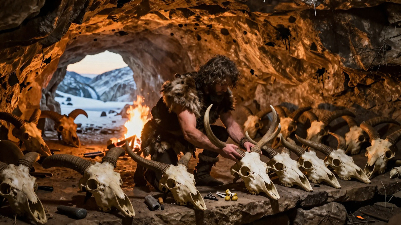 Homem pré-histórico organiza crânios de animais com chifres em caverna iluminada por fogo ao fundo.
