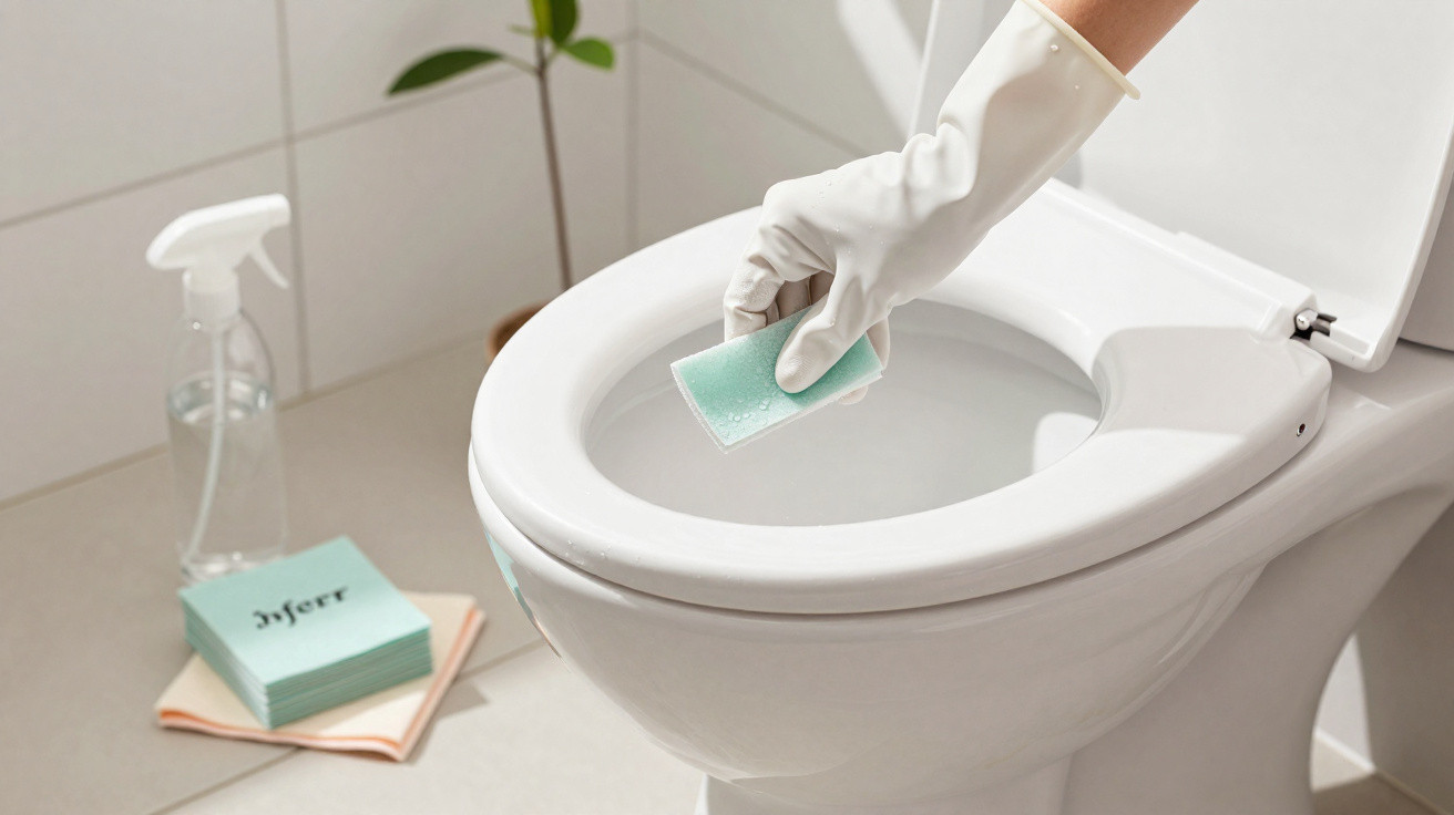 Mão com luva branca limpando vaso sanitário com esponja azul em banheiro limpo e iluminado.