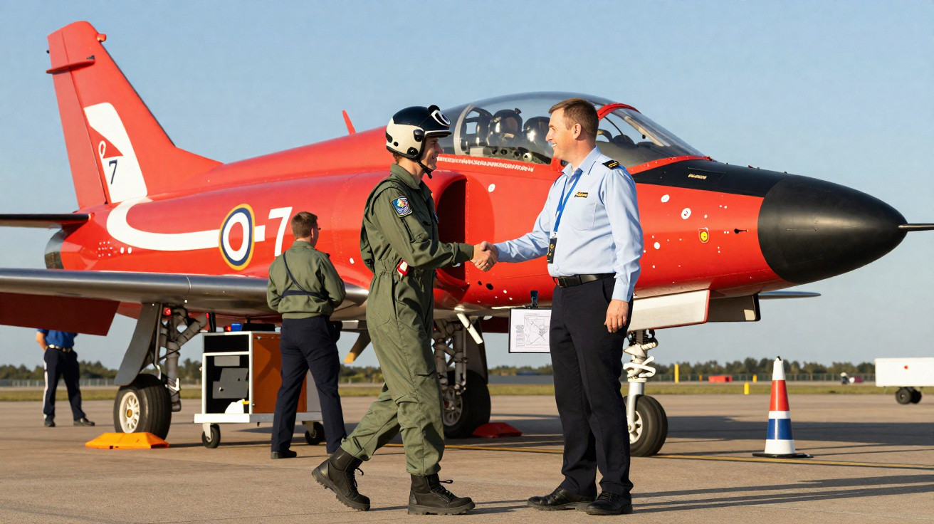 Piloto militar e oficial apertam as mãos em frente a avião de treinamento vermelho no aeroporto.