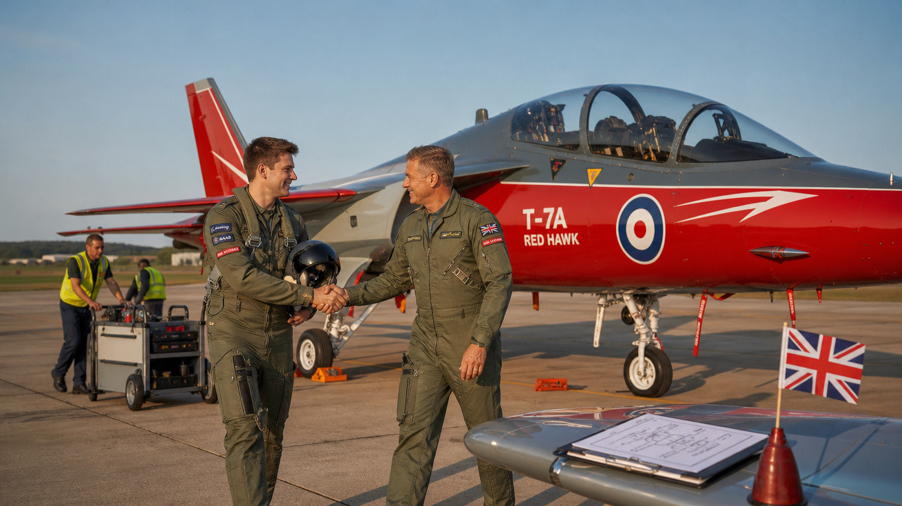 Dois pilotos militares se cumprimentam em frente a um caça T-7A Red Hawk na pista de aeroporto.