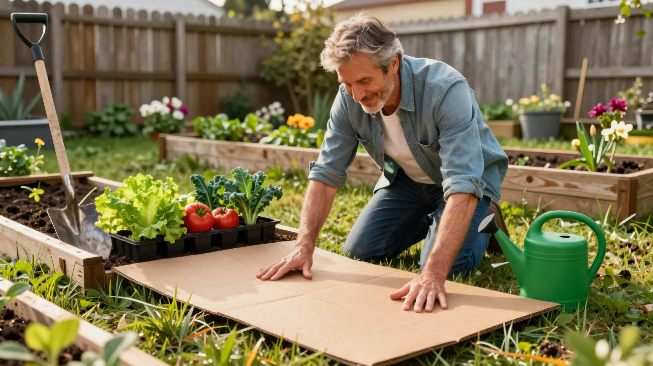 Homem usando camisa jeans monta proteção de papelão em canteiro de jardim com plantas e regador ao lado.