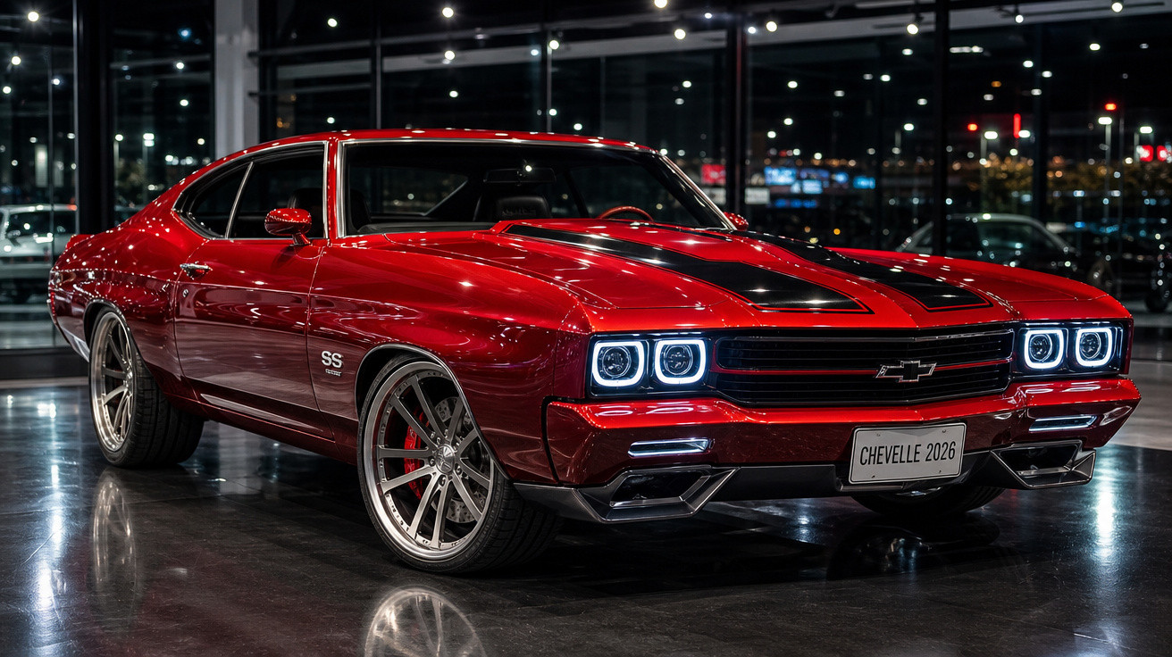 Carro Chevrolet Chevelle SS vermelho brilhante com faróis de LED em showroom moderno à noite.