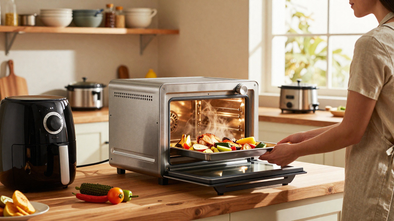 Pessoa colocando assadeira com legumes e carnes em forno elétrico em cozinha iluminada e moderna.