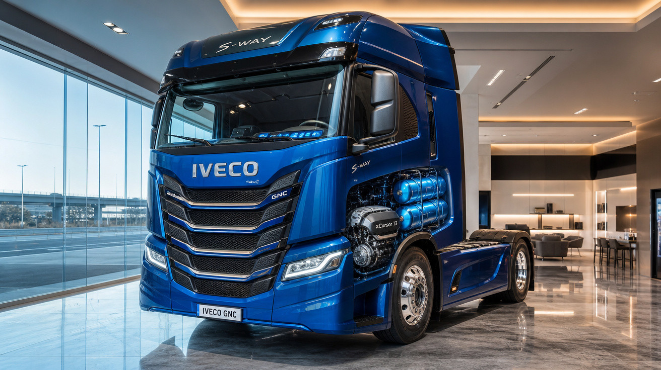 Caminhão Iveco S-Way azul em showroom moderno com motor visível e iluminação interna elegante.