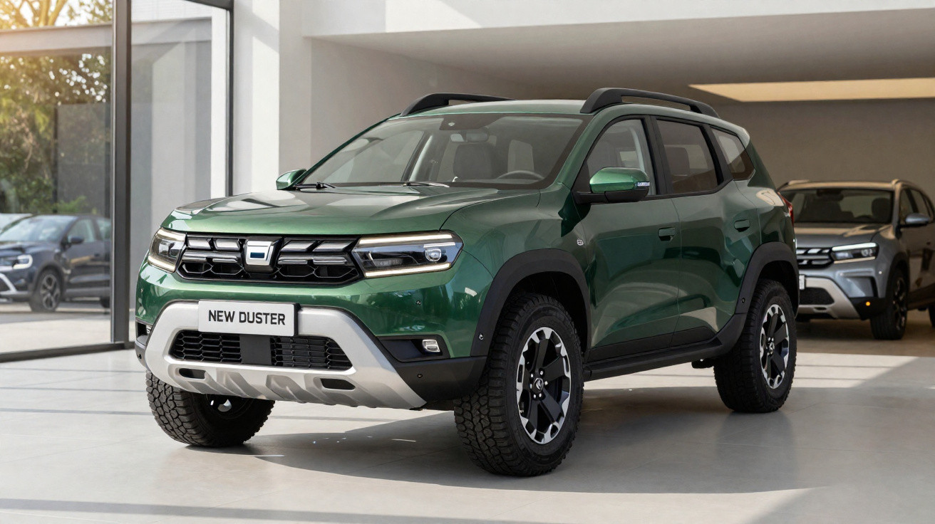 SUV modelo New Duster verde em exposição dentro de showroom com outro carro ao fundo.
