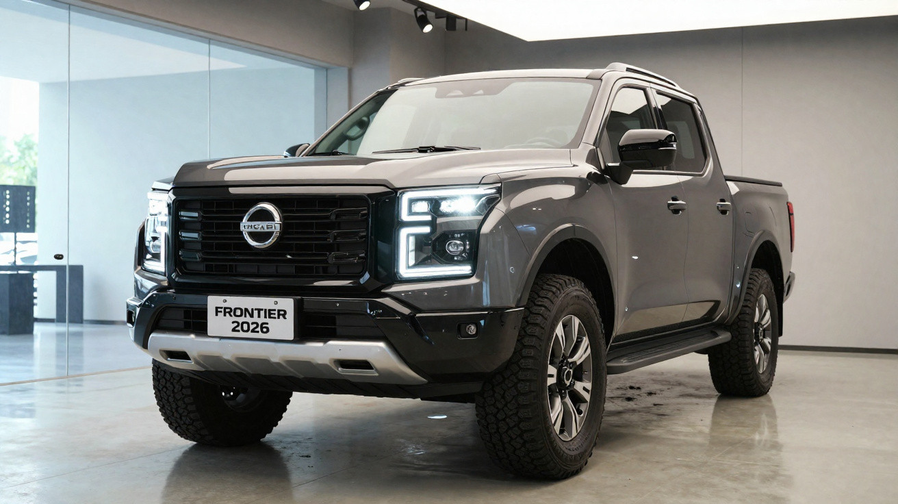Picape Nissan Frontier 2026 cinza estacionada em ambiente interno com faróis dianteiros acesos.