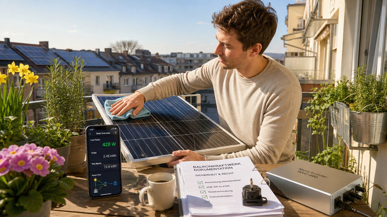 Homem limpando painel solar em varanda com plantas, café, documentos e celular mostrando energia gerada.