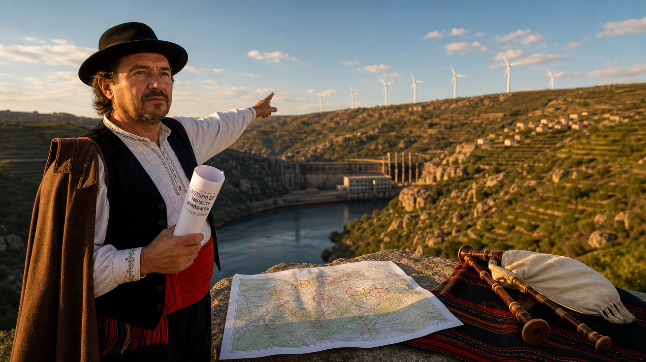 Homem com roupa tradicional aponta para turbinas eólicas em colina, com mapa e gaita sobre pedra à frente.