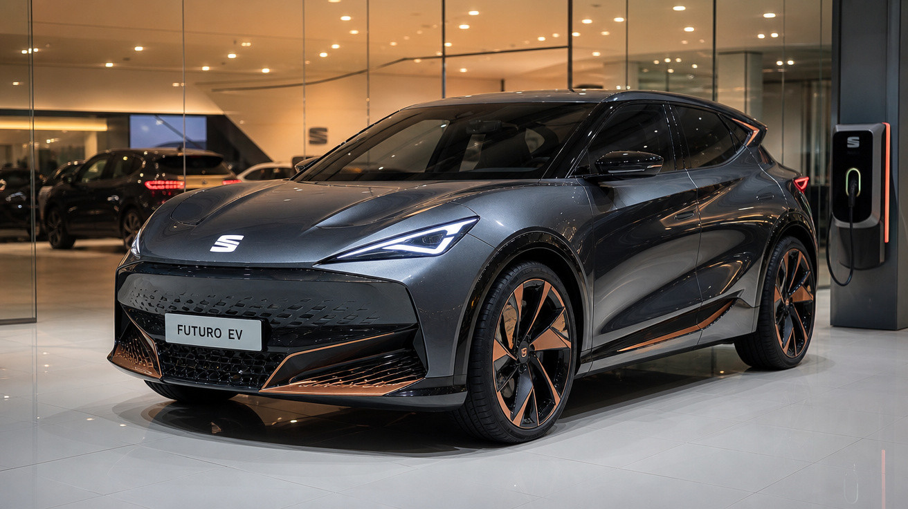 Carro elétrico cinza escuro modelo compacto exibido em showroom moderno com estação de recarga.