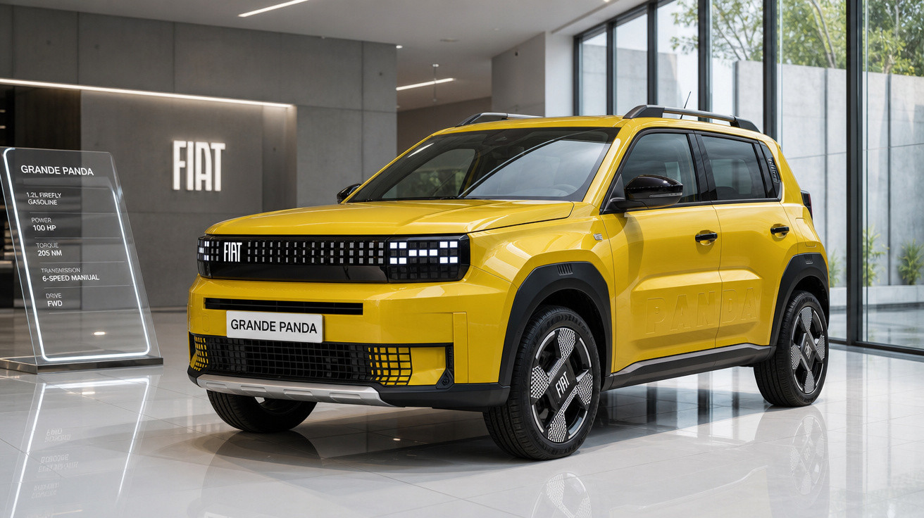 Carro SUV compacto amarelo Fiat Grande Panda exposto em showroom moderno com acabamento branco brilhante.