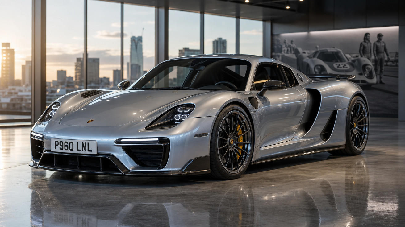 Carro esportivo prata Porsche 918 Spyder exposto em showroom com grandes janelas panorâmicas ao fundo.