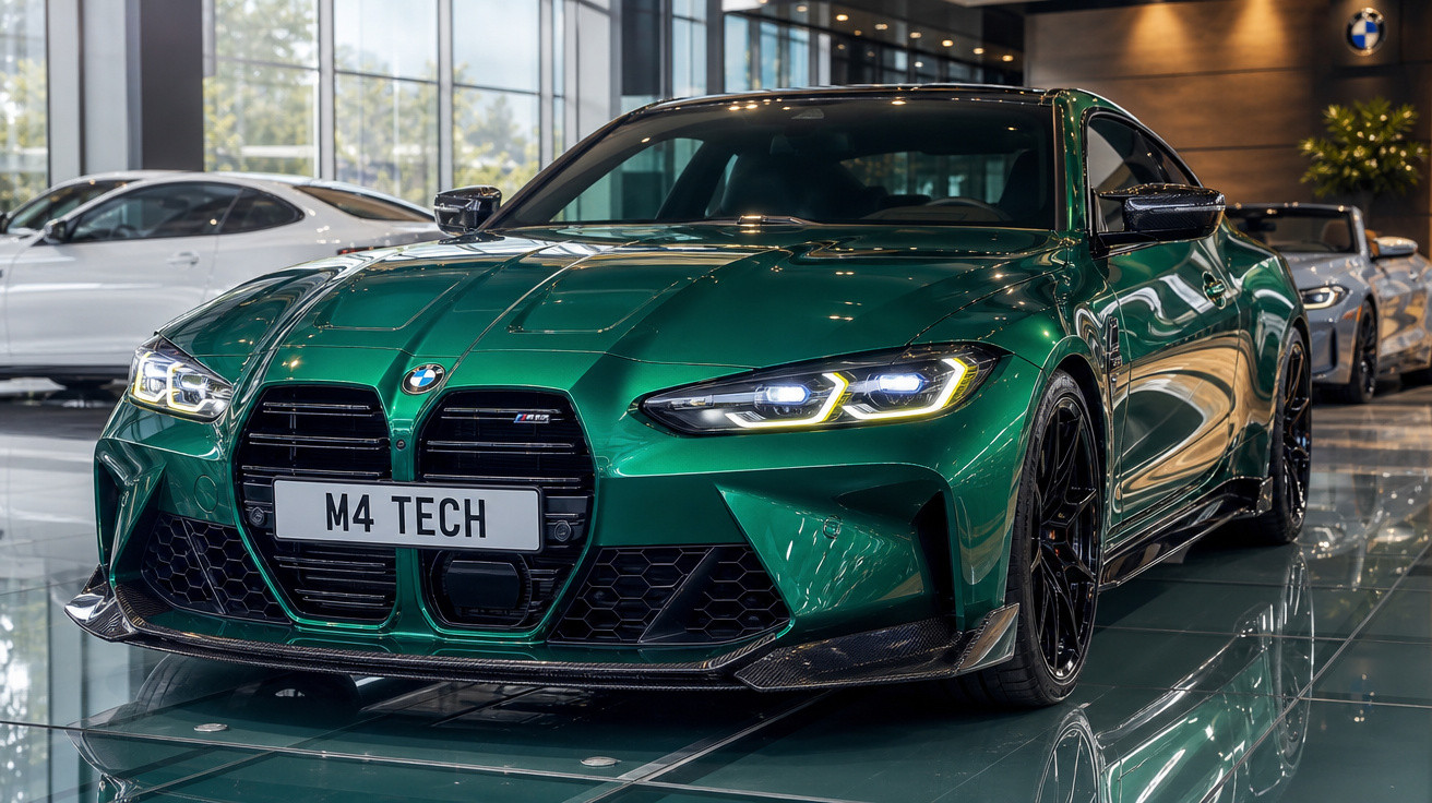 Carro esportivo BMW M4 TECH verde brilhante exibido em showroom moderno com iluminação natural e reflexos no piso.