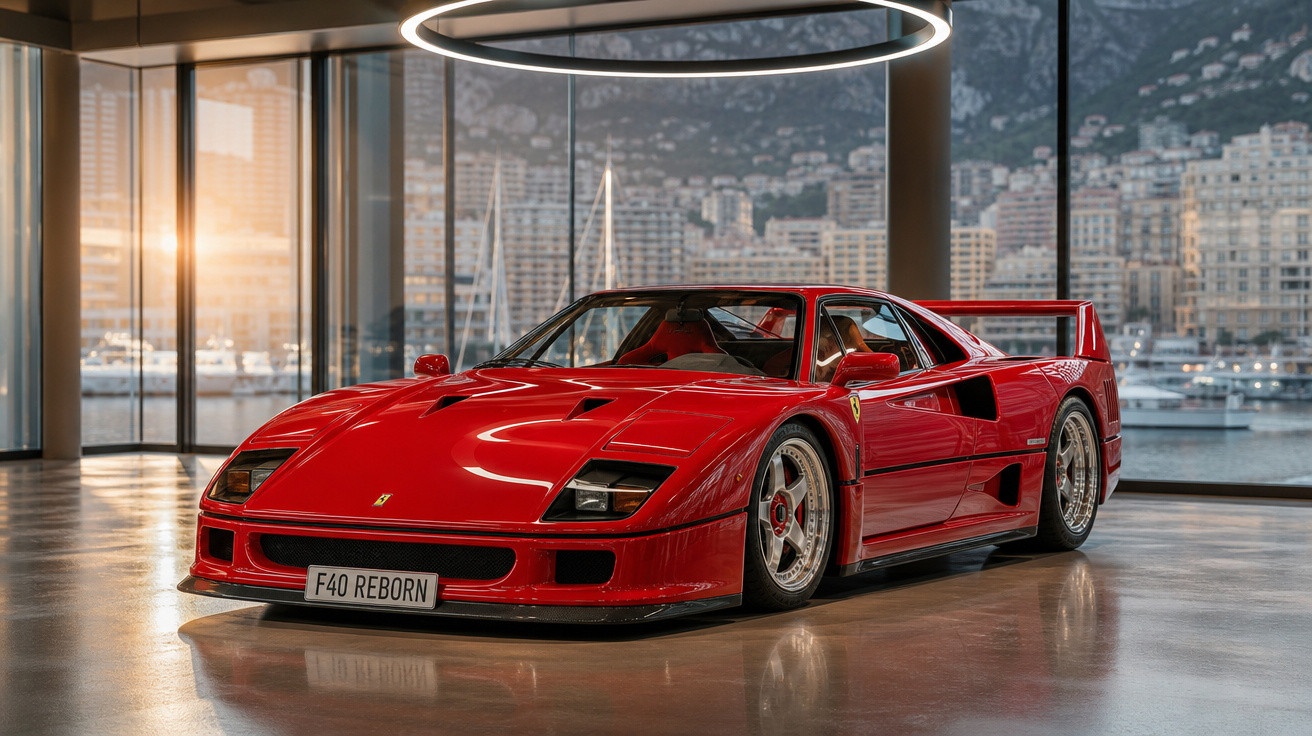Carro esportivo Ferrari F40 vermelho em showroom moderno com vista para marina e prédios ao fundo.