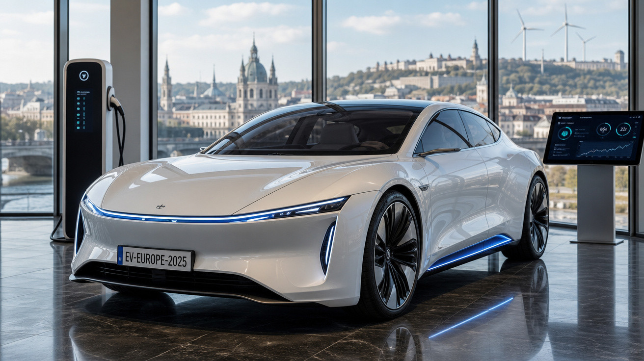Carro elétrico branco futurista estacionado em showroom com estação de recarga e tela digital ao lado.