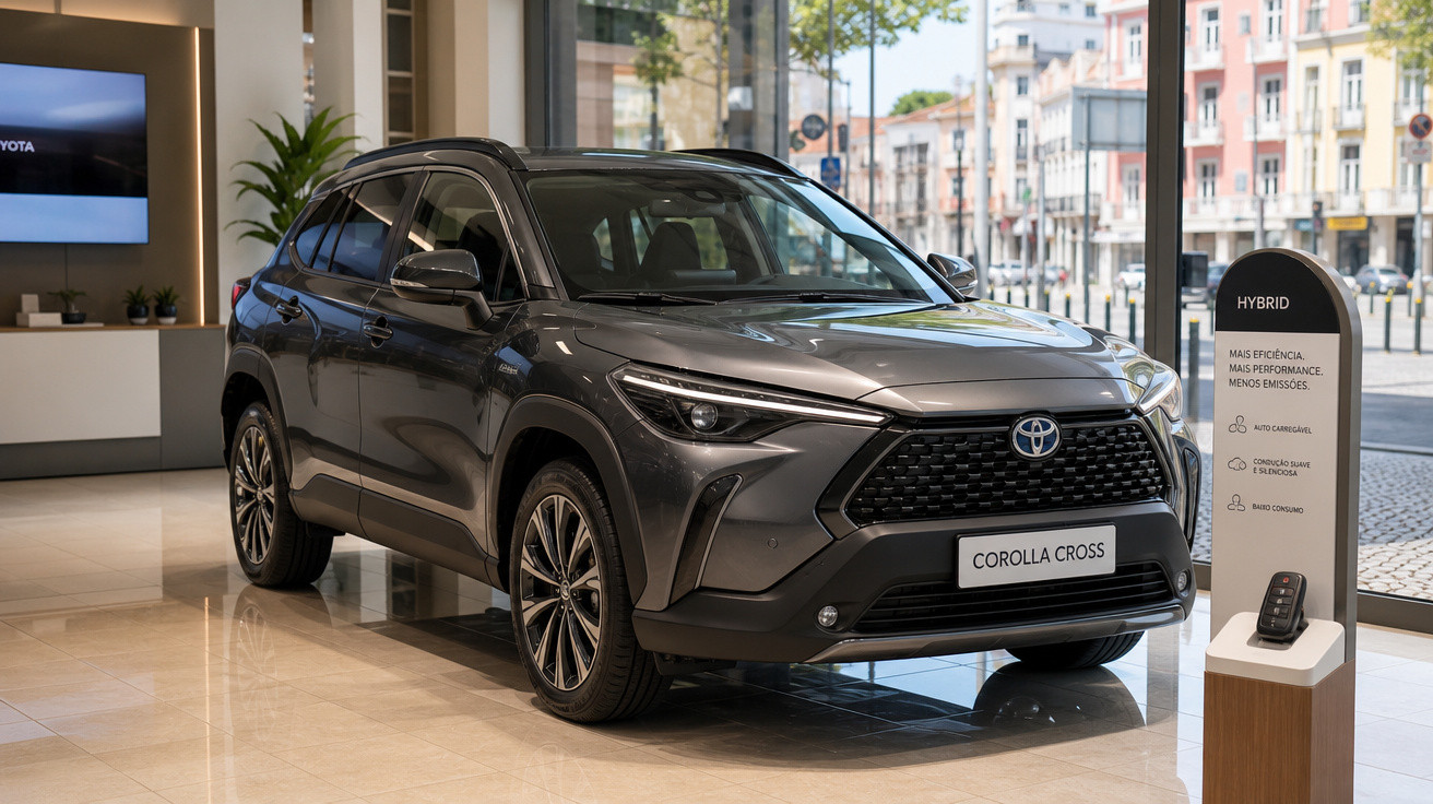 Toyota Corolla Cross cinza em exibição em showroom com placa frontal e painel informativo híbrido ao lado