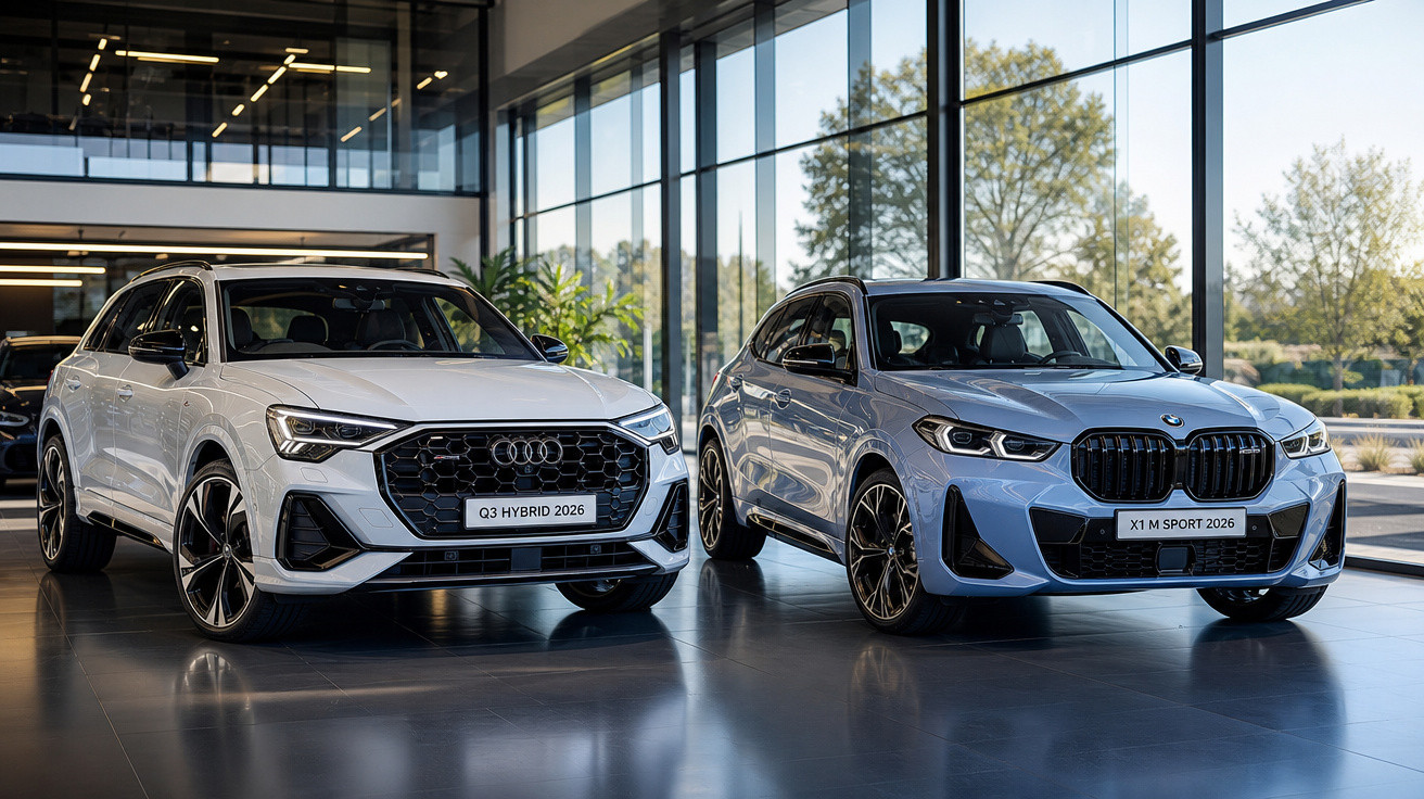 Dois SUVs 2026, Audi Q3 Hybrid branco e BMW X1 M Sport azul, em showroom moderno com grande vitrine.