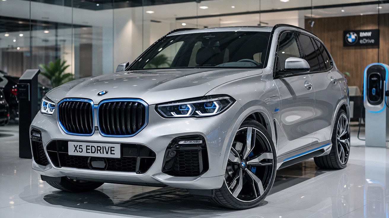 BMW X5 eDrive prata estacionada em showroom moderno, com faróis ligados e design elegante.