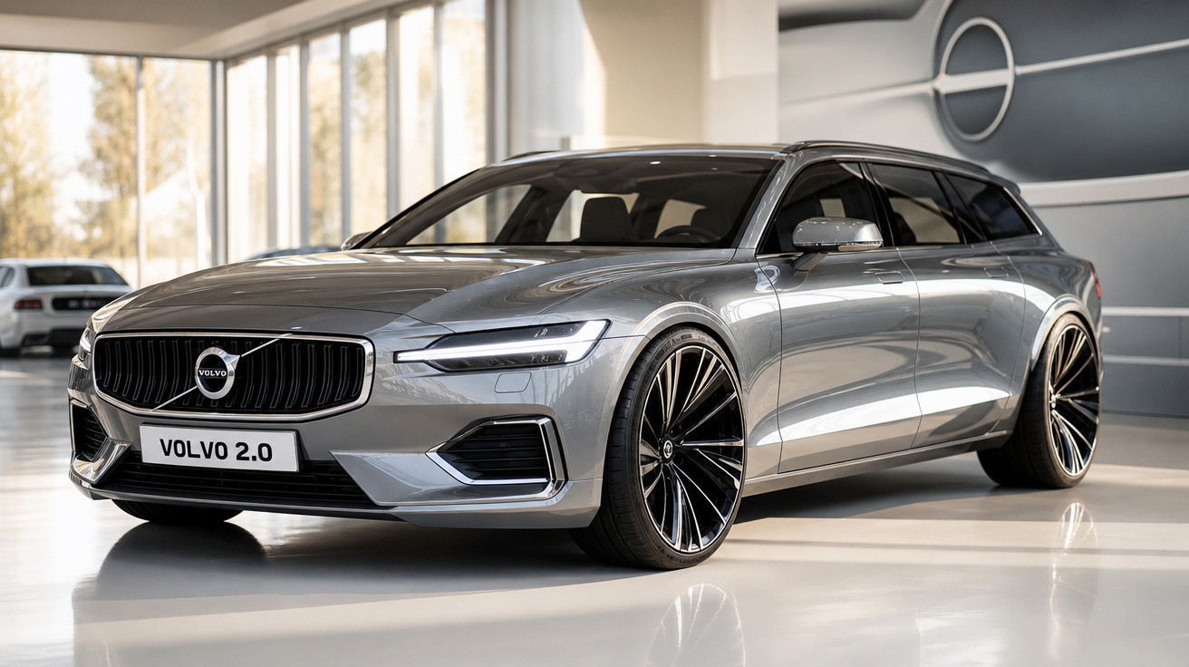 Carro Volvo prata modelo 2.0 exposto em showroom moderno com janelas amplas ao fundo.