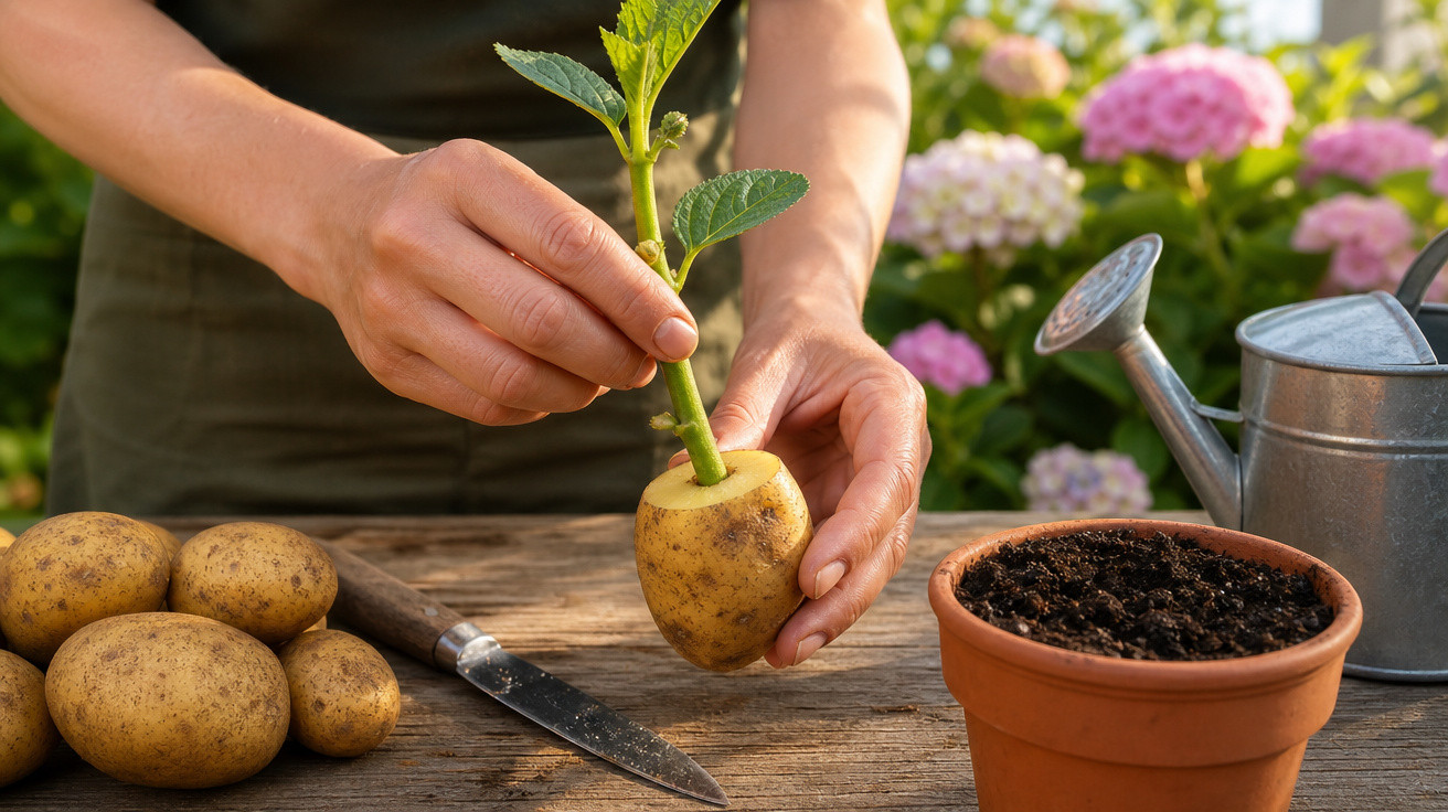 Mãos plantando um broto de batata em uma batata cortada sobre mesa de madeira com solo e regador.