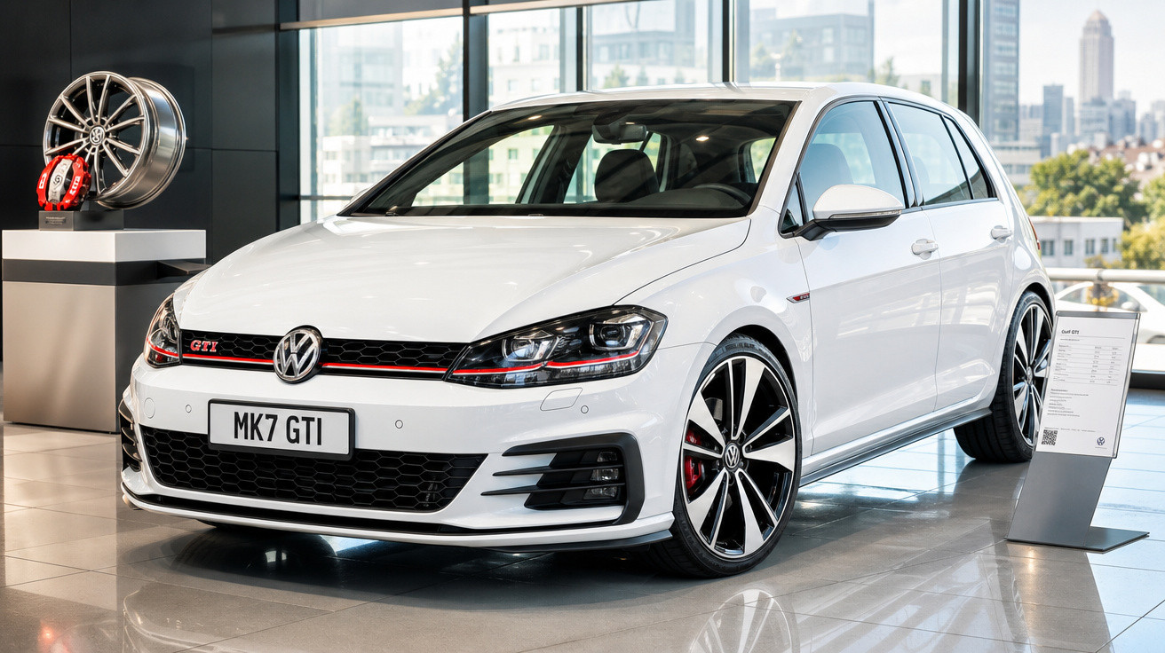 Carro branco Volkswagen Golf GTI MK7 exposto em showroom com rodas aro 18 e detalhes em vermelho.