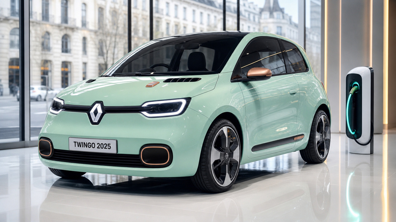 Carro elétrico Renault Twingo 2025 verde claro em vitrine com carregador ao lado.