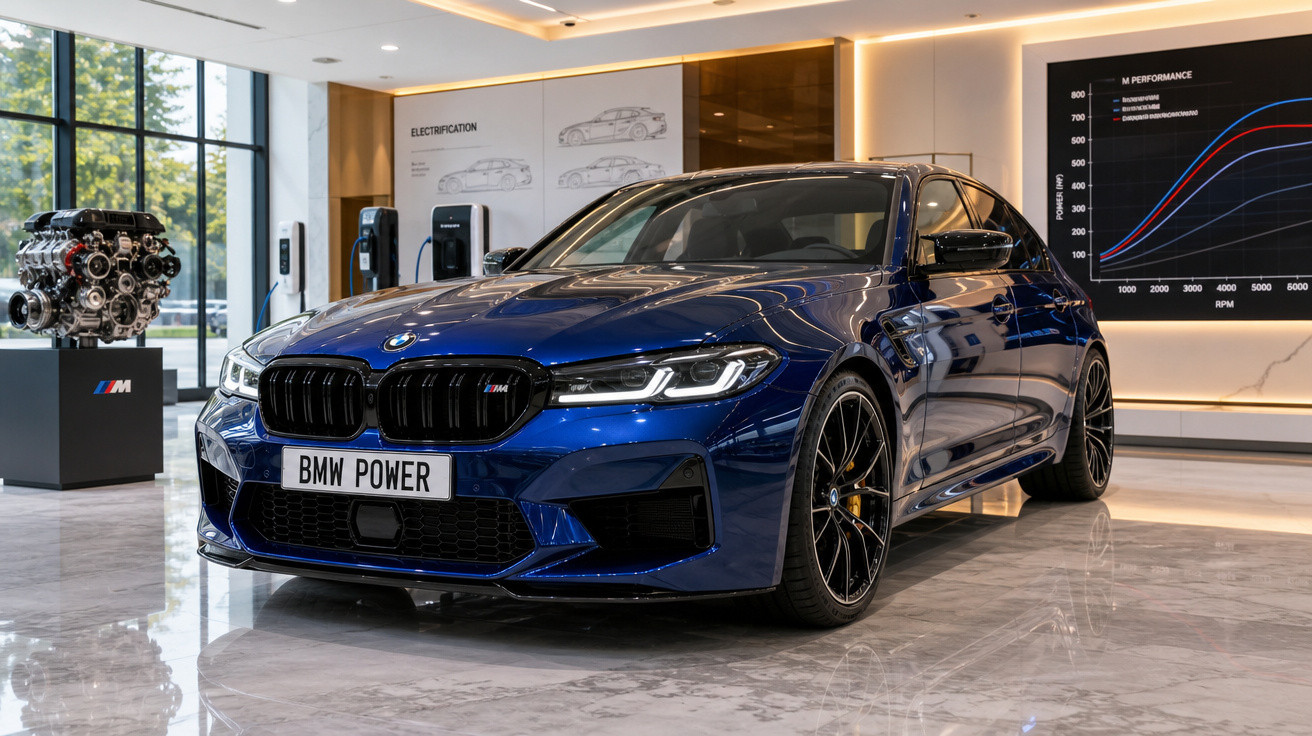 Carro esportivo BMW azul com placa "BMW POWER" em showroom moderno com motor e gráficos ao fundo.