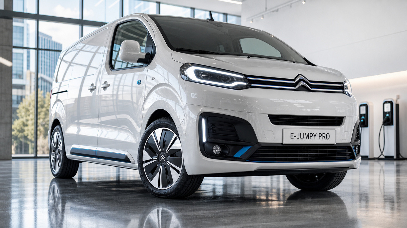 Van elétrica branca Citroën E-Jumpy Pro estacionada em showroom com carregadores ao fundo.
